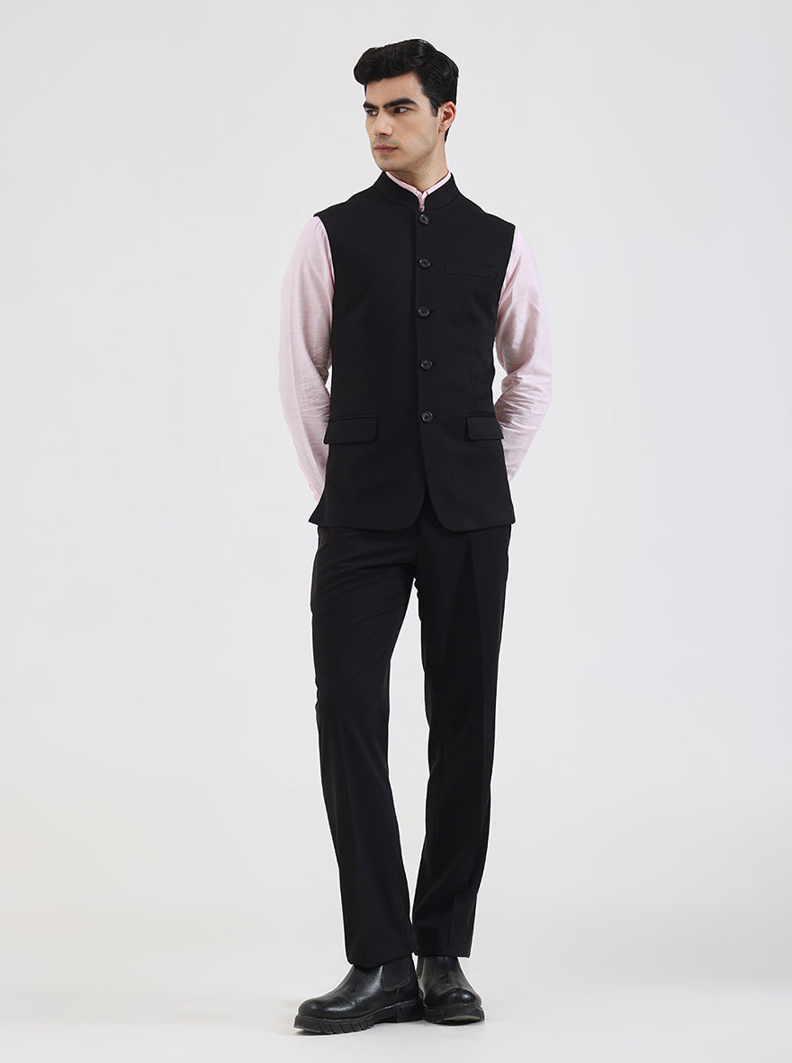 Black Solid Regular Fit Waistcoat | Wyre