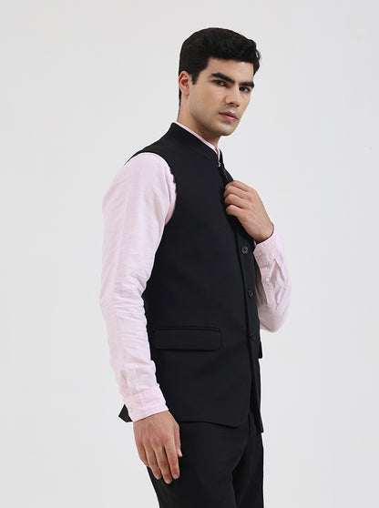 Black Solid Regular Fit Waistcoat | Wyre