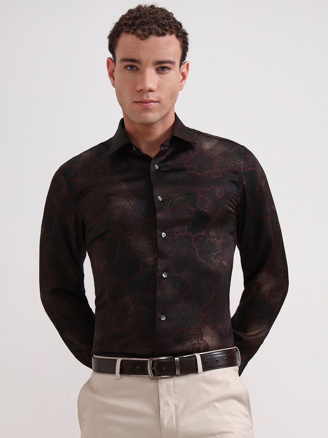 Maroon Printed Slim Fit Formal Shirt | JadeBlue Super Luxe