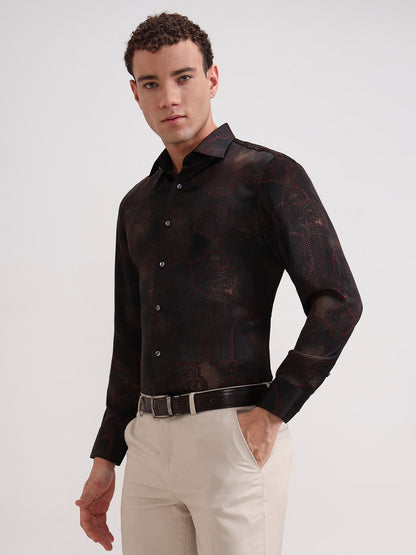 Maroon Printed Slim Fit Formal Shirt | JadeBlue Super Luxe