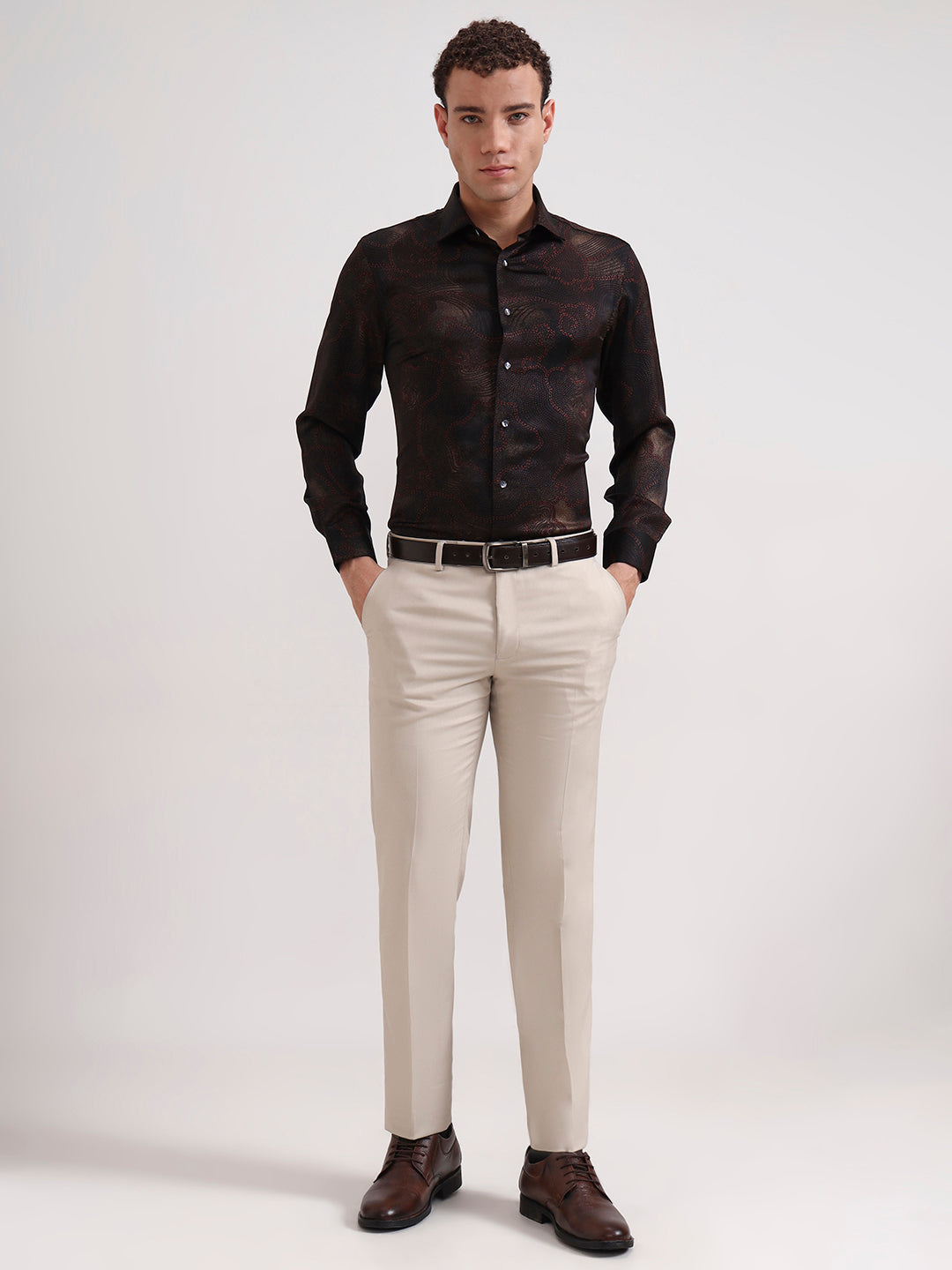 Maroon Printed Slim Fit Formal Shirt | JadeBlue Super Luxe