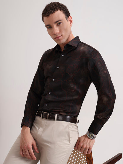 Maroon Printed Slim Fit Formal Shirt | JadeBlue Super Luxe