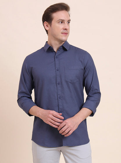 Carbon Blue Solid Slim Fit Casual Shirt | JadeBlue
