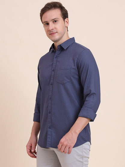 Carbon Blue Solid Slim Fit Casual Shirt | JadeBlue