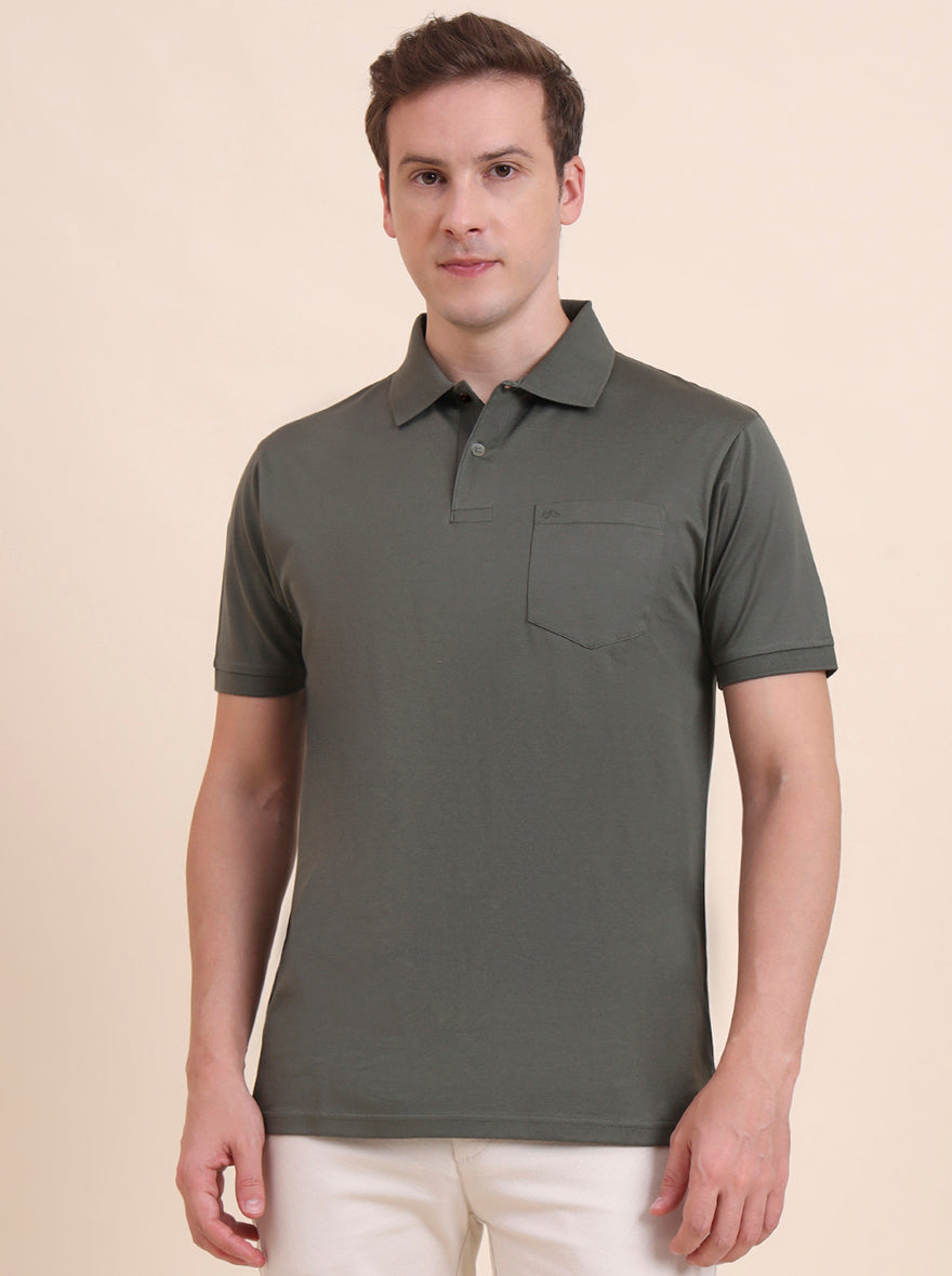 Olive Green Solid Regular Fit Polo T-Shirt | JadeBlue