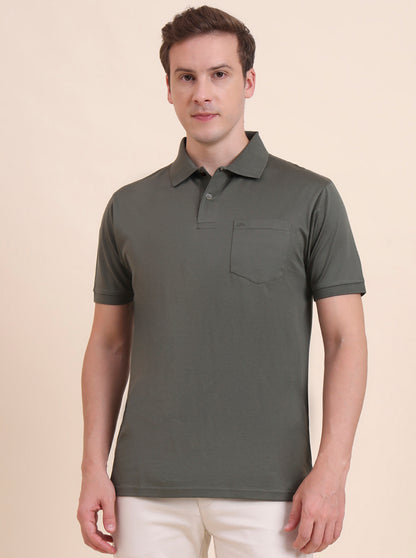 Olive Green Solid Regular Fit Polo T-Shirt | JadeBlue