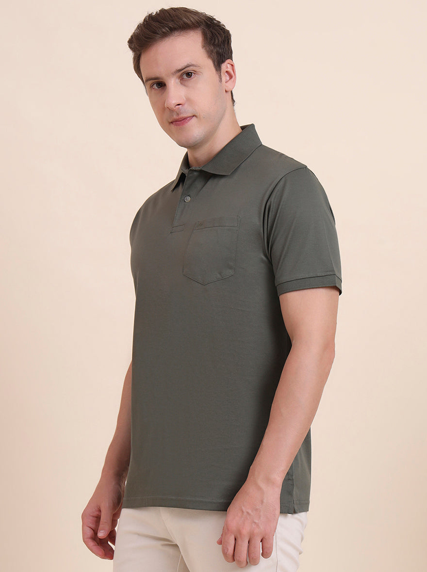 Olive Green Solid Regular Fit Polo T-Shirt | JadeBlue