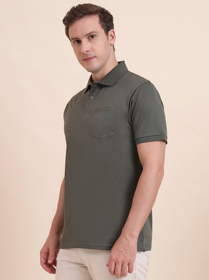 Olive Green Solid Regular Fit Polo T-Shirt | JadeBlue