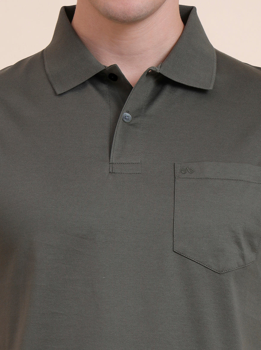 Olive Green Solid Regular Fit Polo T-Shirt | JadeBlue