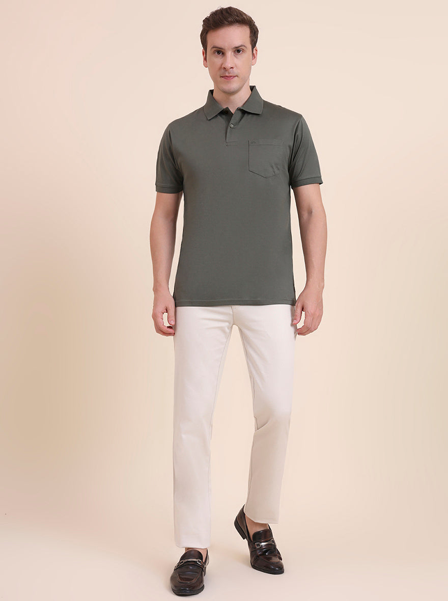 Olive Green Solid Regular Fit Polo T-Shirt | JadeBlue