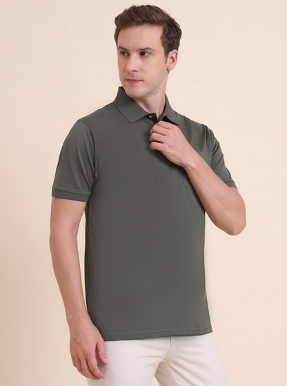 Olive Green Solid Regular Fit Polo T-Shirt | JadeBlue