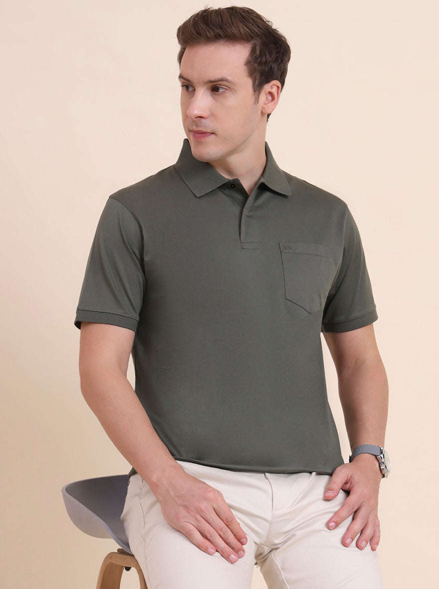 Olive Green Solid Regular Fit Polo T-Shirt | JadeBlue