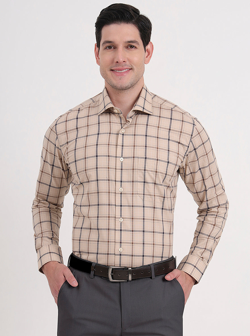 Fawn & Blue Checked Slim Fit Formal Shirt | Metal