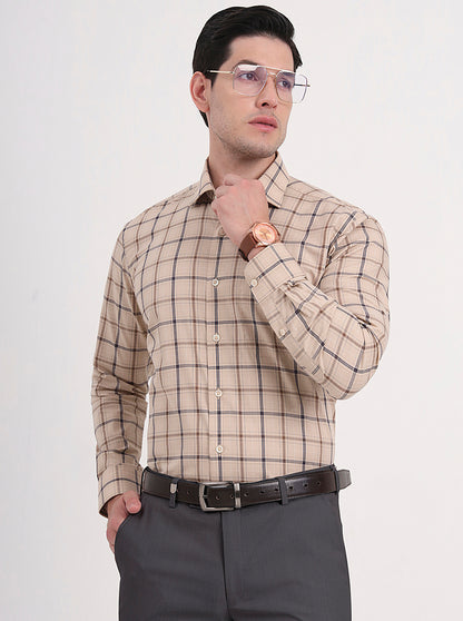 Fawn & Blue Checked Slim Fit Formal Shirt | Metal