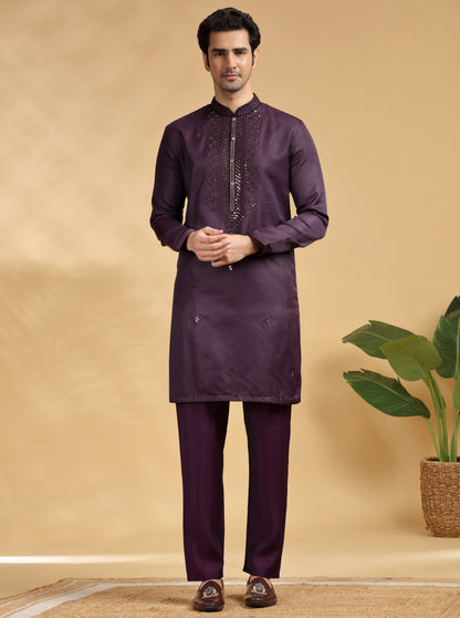Wine Embroidered Kurta Pajama | TULA