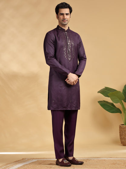 Wine Embroidered Kurta Pajama | TULA