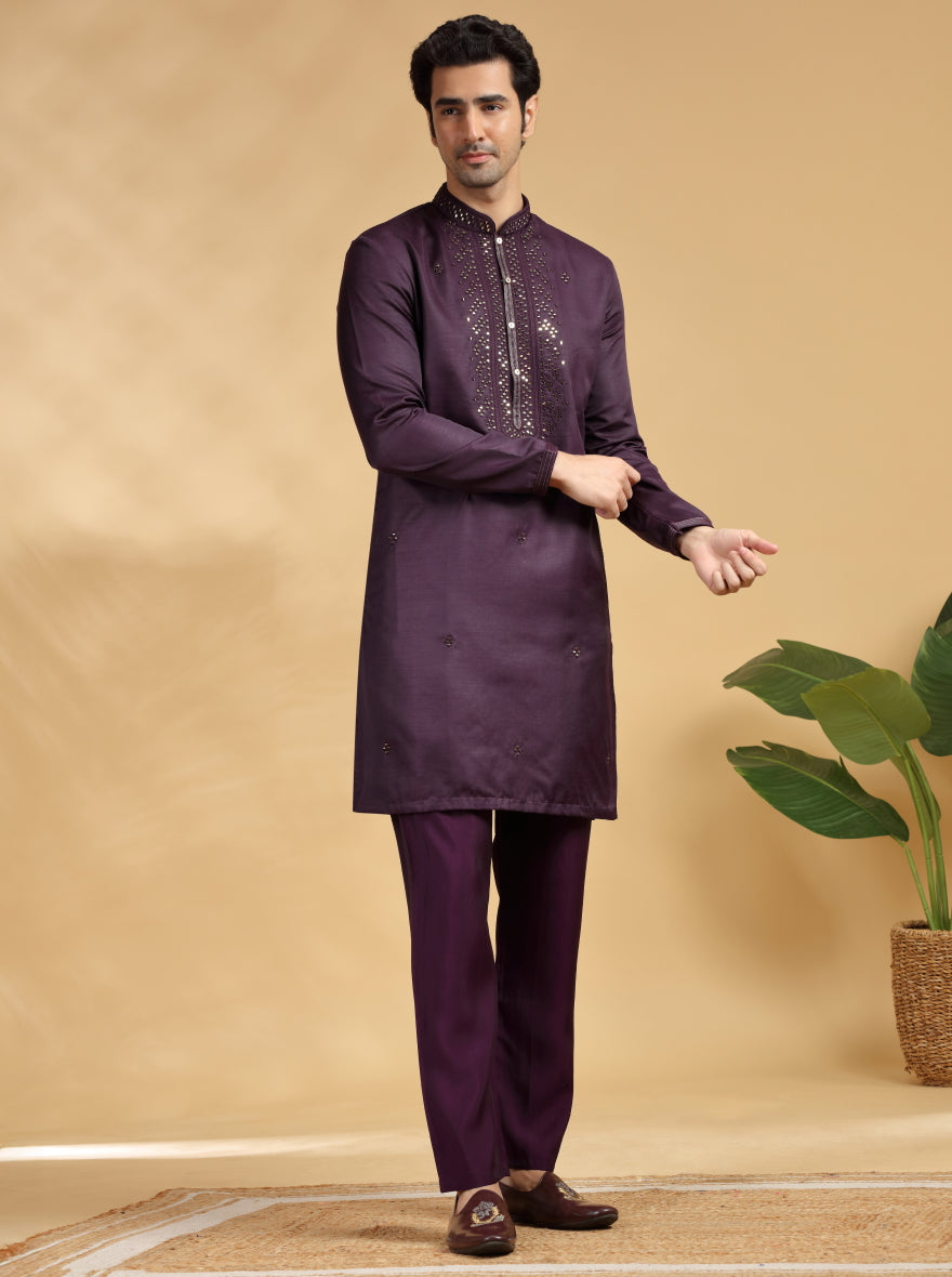 Wine Embroidered Kurta Pajama | TULA