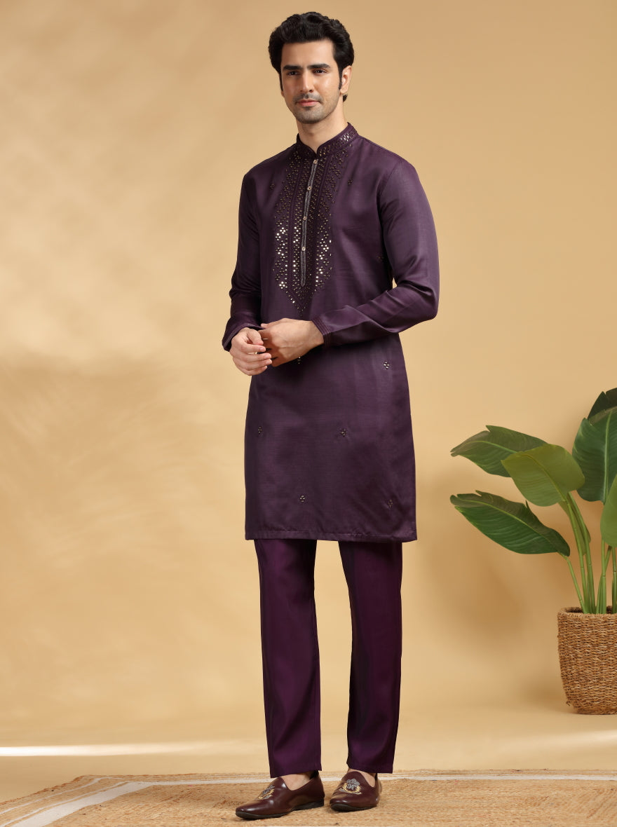 Wine Embroidered Kurta Pajama | TULA