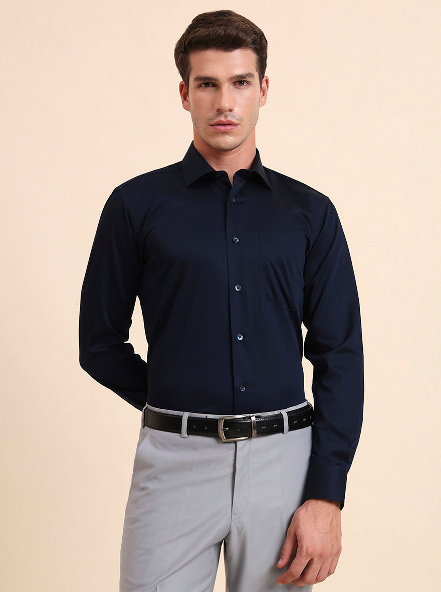 Blue Solid Slim Fit Formal Shirt | Metal