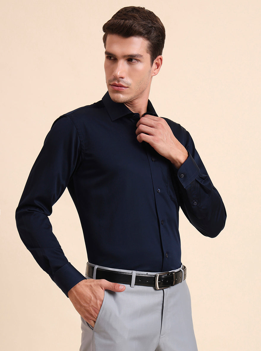 Blue Solid Slim Fit Formal Shirt | Metal