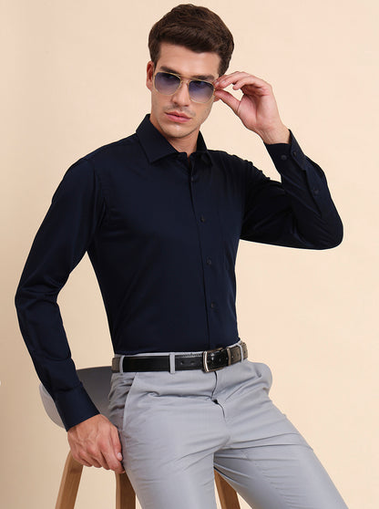 Blue Solid Slim Fit Formal Shirt | Metal
