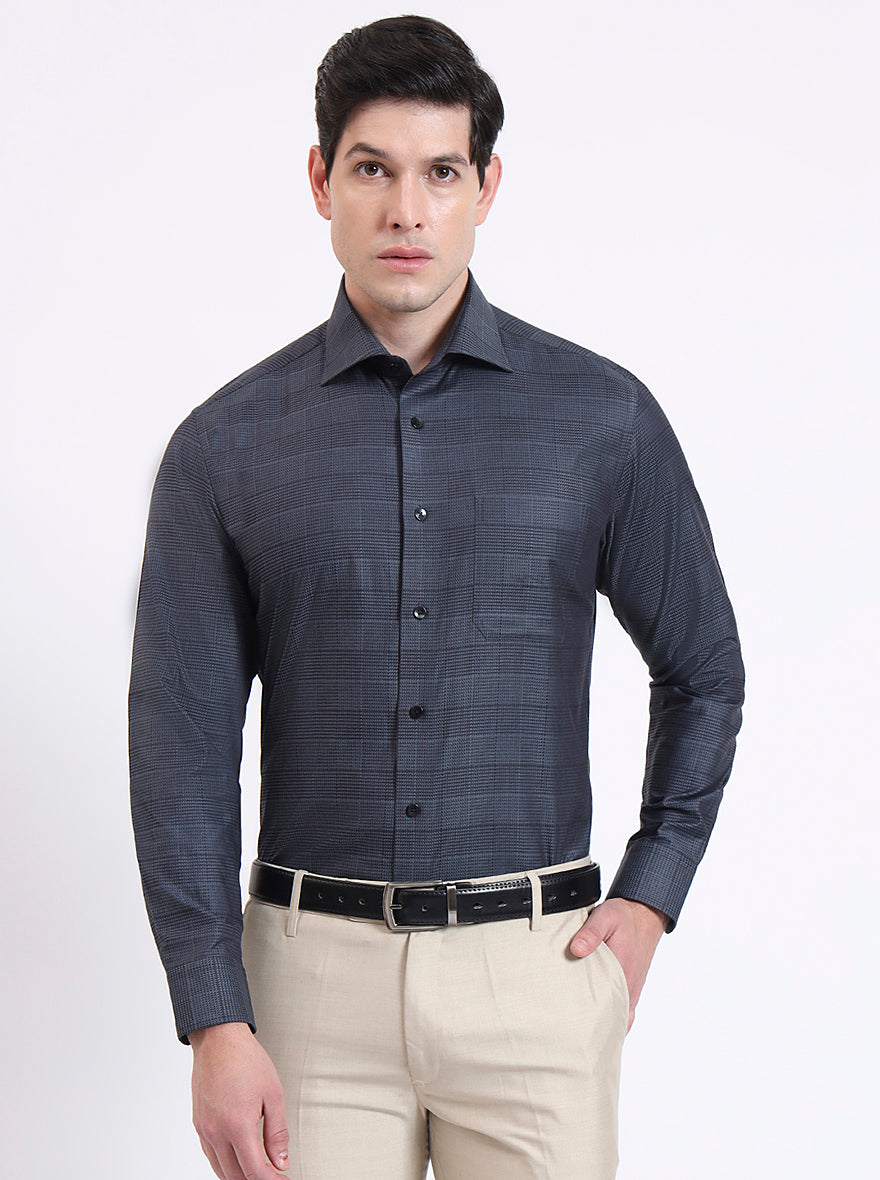 Grenish Blue Checked Slim Fit Formal Shirt | Metal