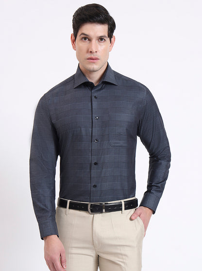 Grenish Blue Checked Slim Fit Formal Shirt | Metal