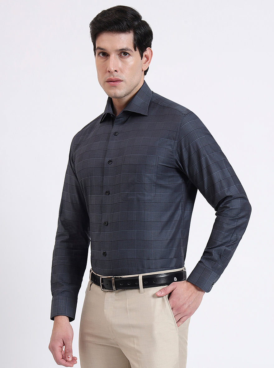 Grenish Blue Checked Slim Fit Formal Shirt | Metal
