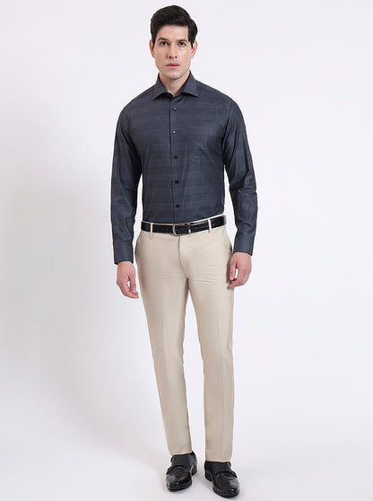Grenish Blue Checked Slim Fit Formal Shirt | Metal