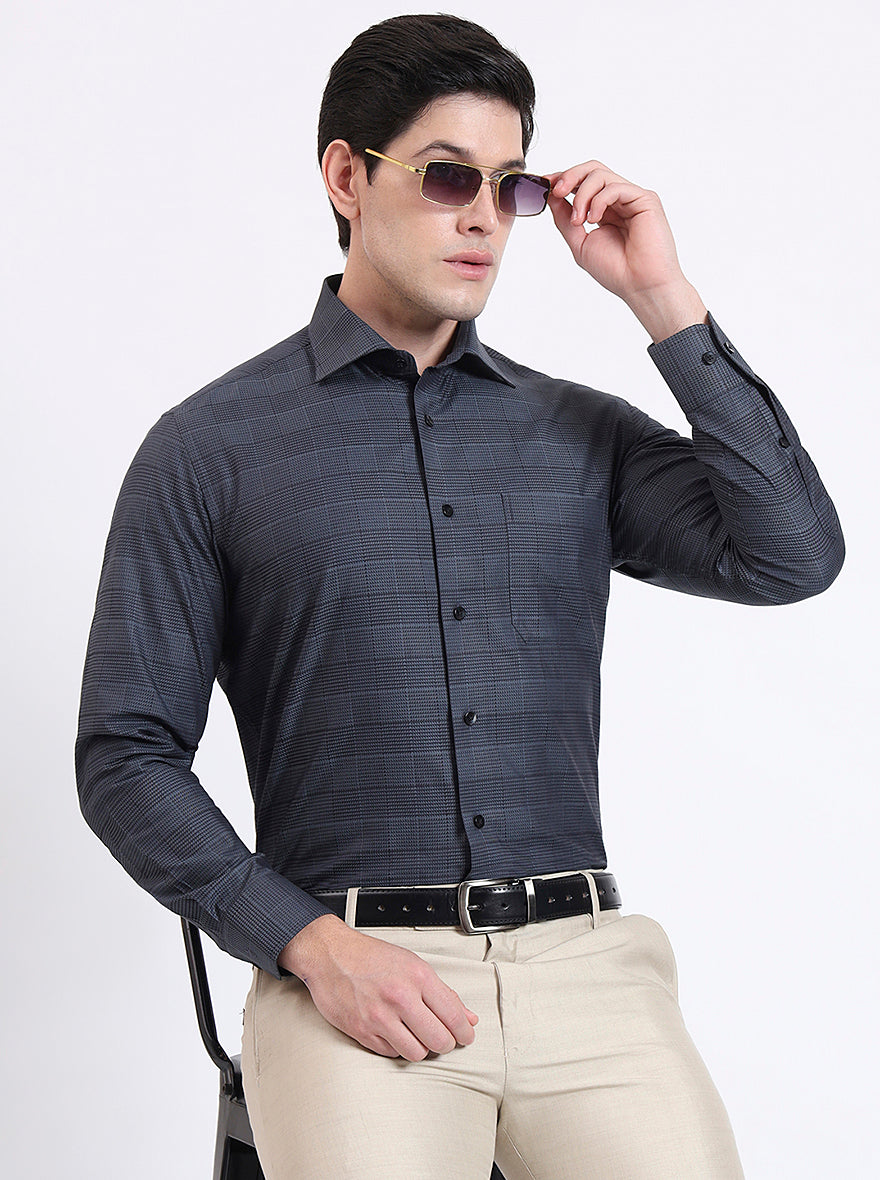 Grenish Blue Checked Slim Fit Formal Shirt | Metal