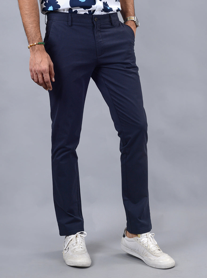 Navy Blue Solid Uno Fit Casual Trouser | JadeBlue