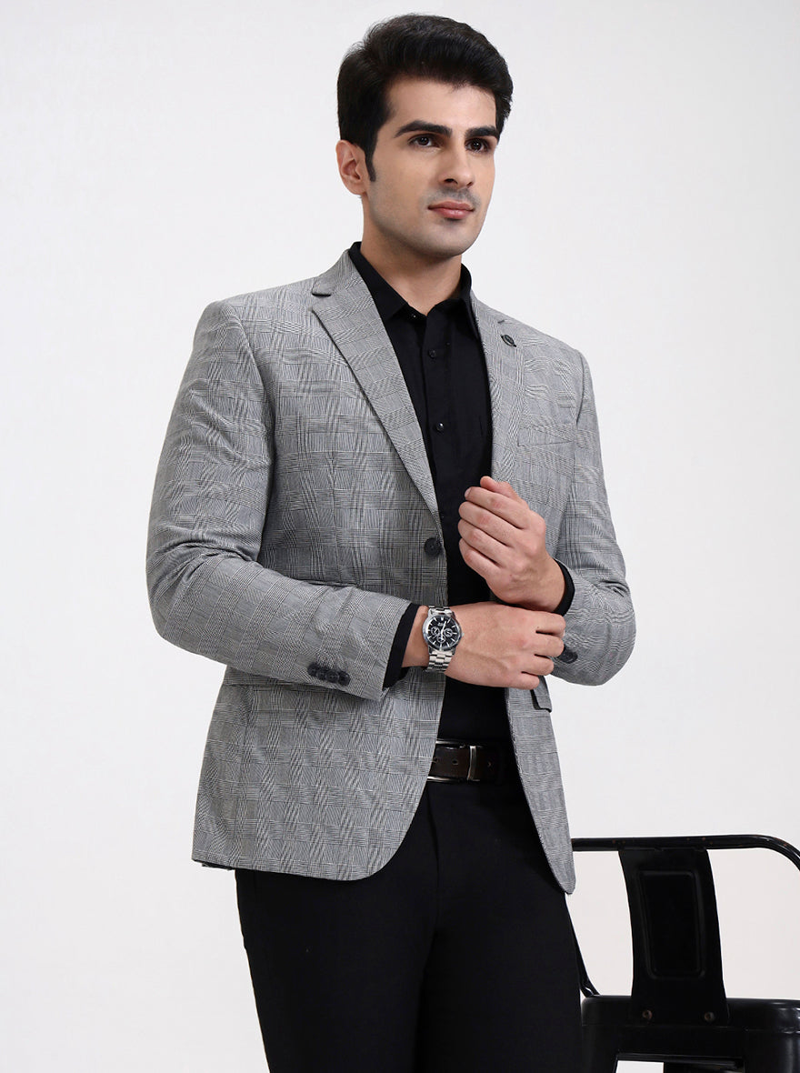 Grey Checked Regular Fit Blazer | JadeBlue