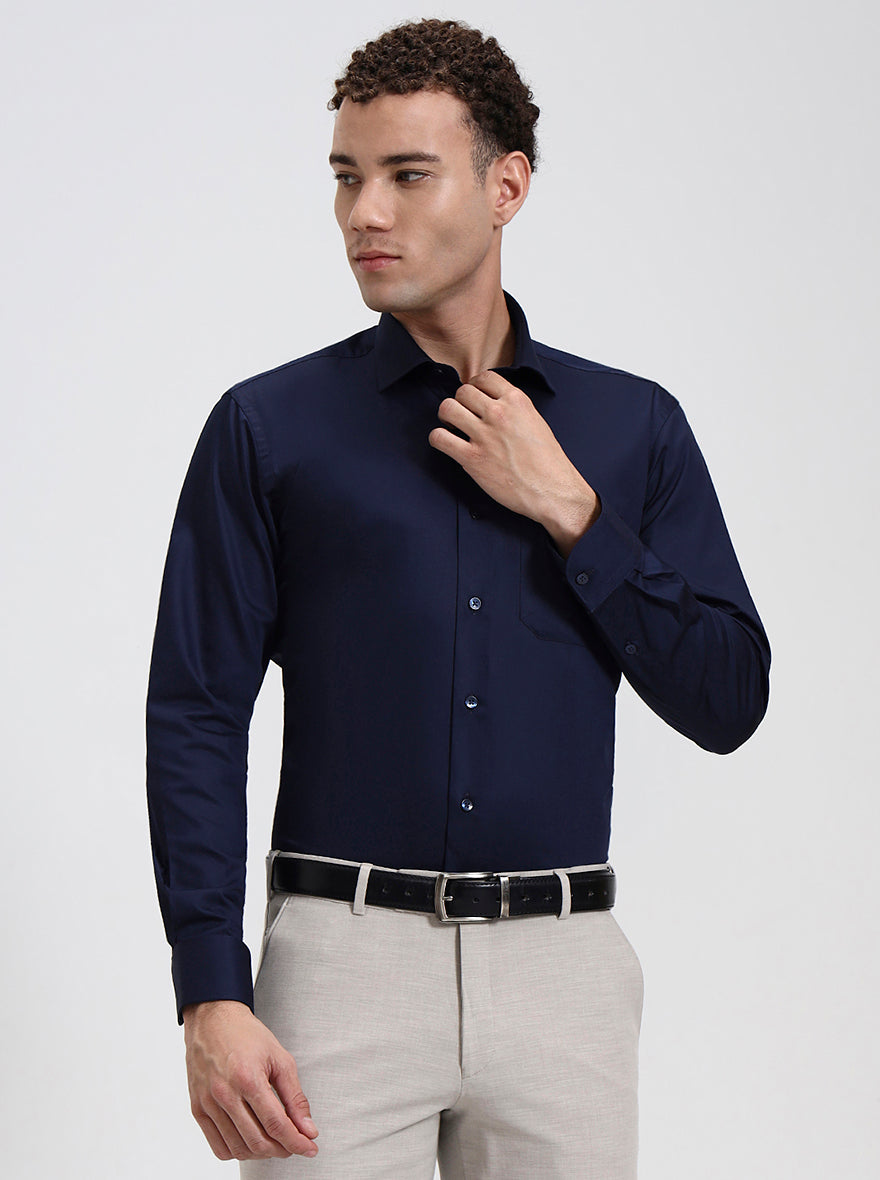 Navy Blue Solid Slim Fit Formal Shirt | Metal