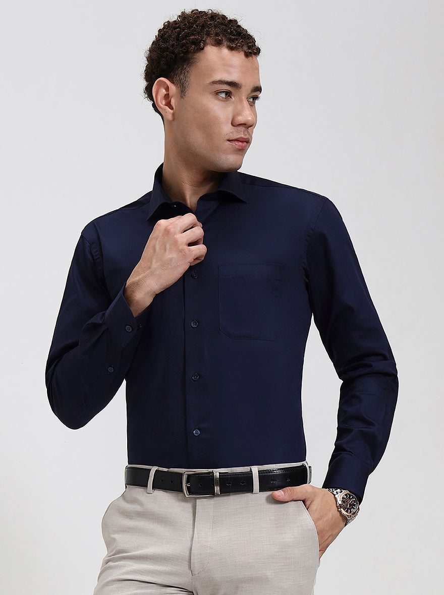 Navy Blue Solid Slim Fit Formal Shirt | Metal