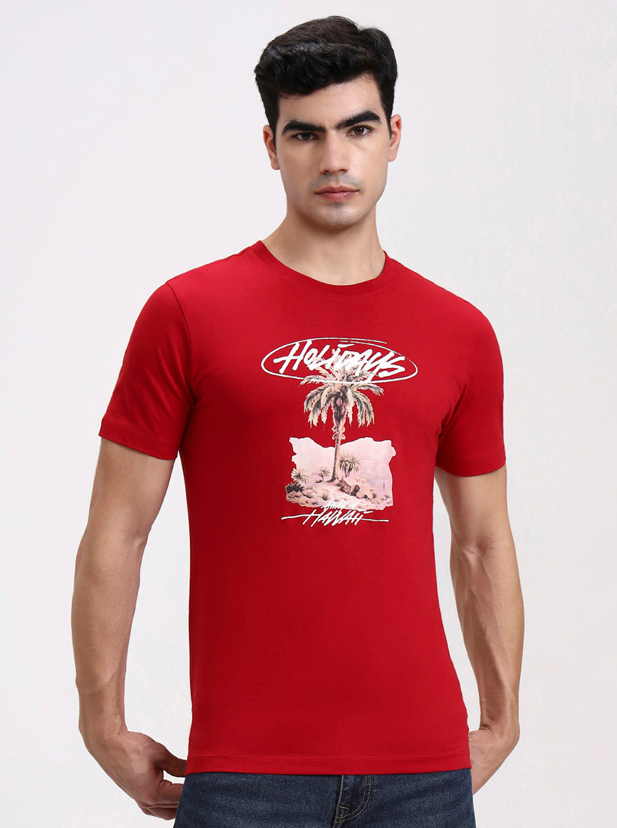 Red Printed Slim Fit T-Shirt | Greenfibre