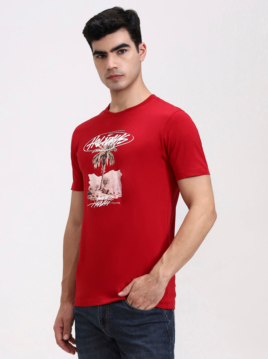 Red Printed Slim Fit T-Shirt | Greenfibre