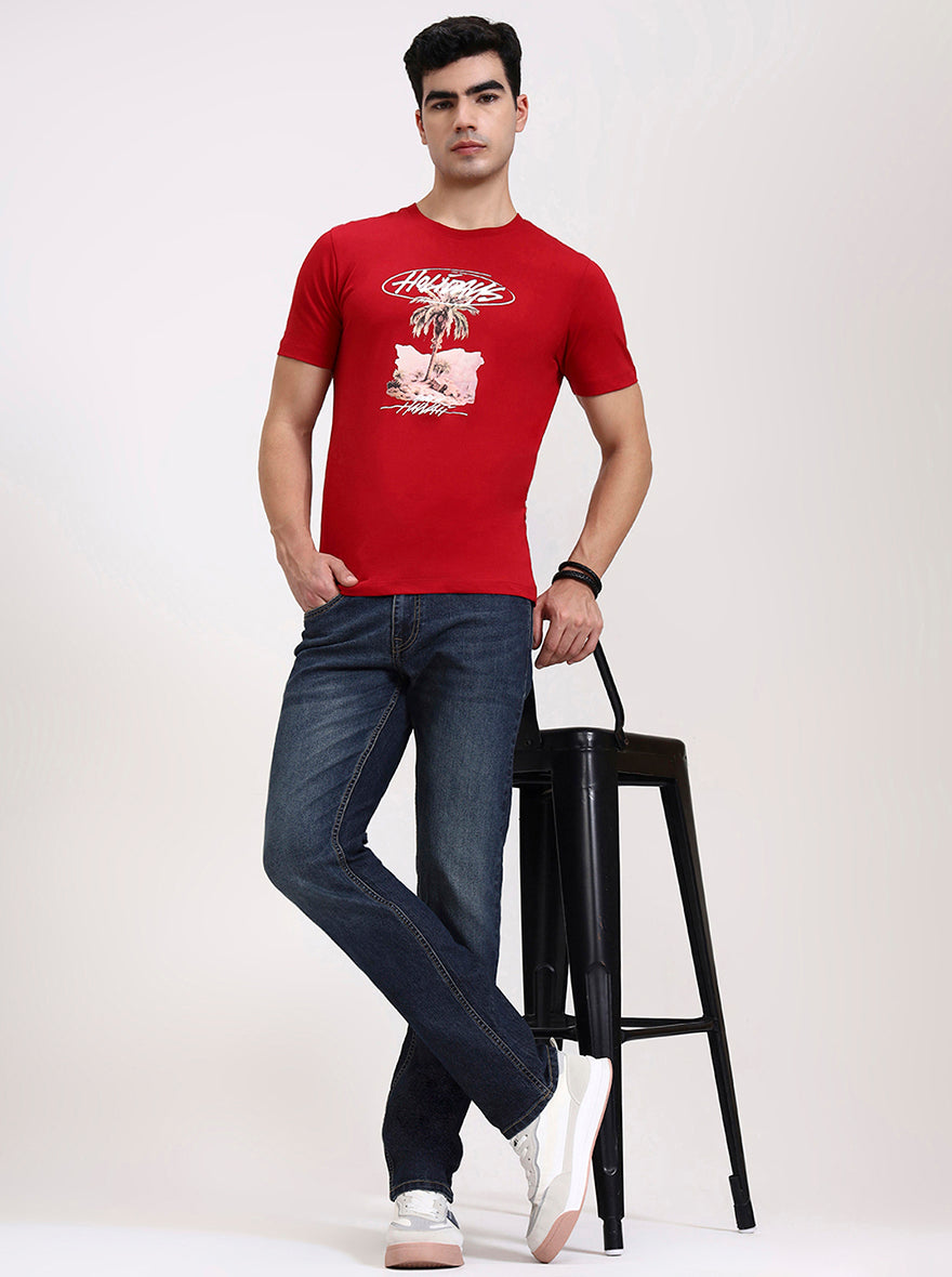 Red Printed Slim Fit T-Shirt | Greenfibre