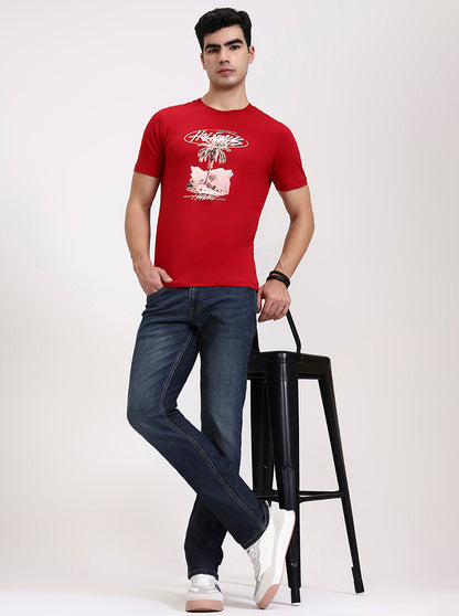 Red Printed Slim Fit T-Shirt | Greenfibre