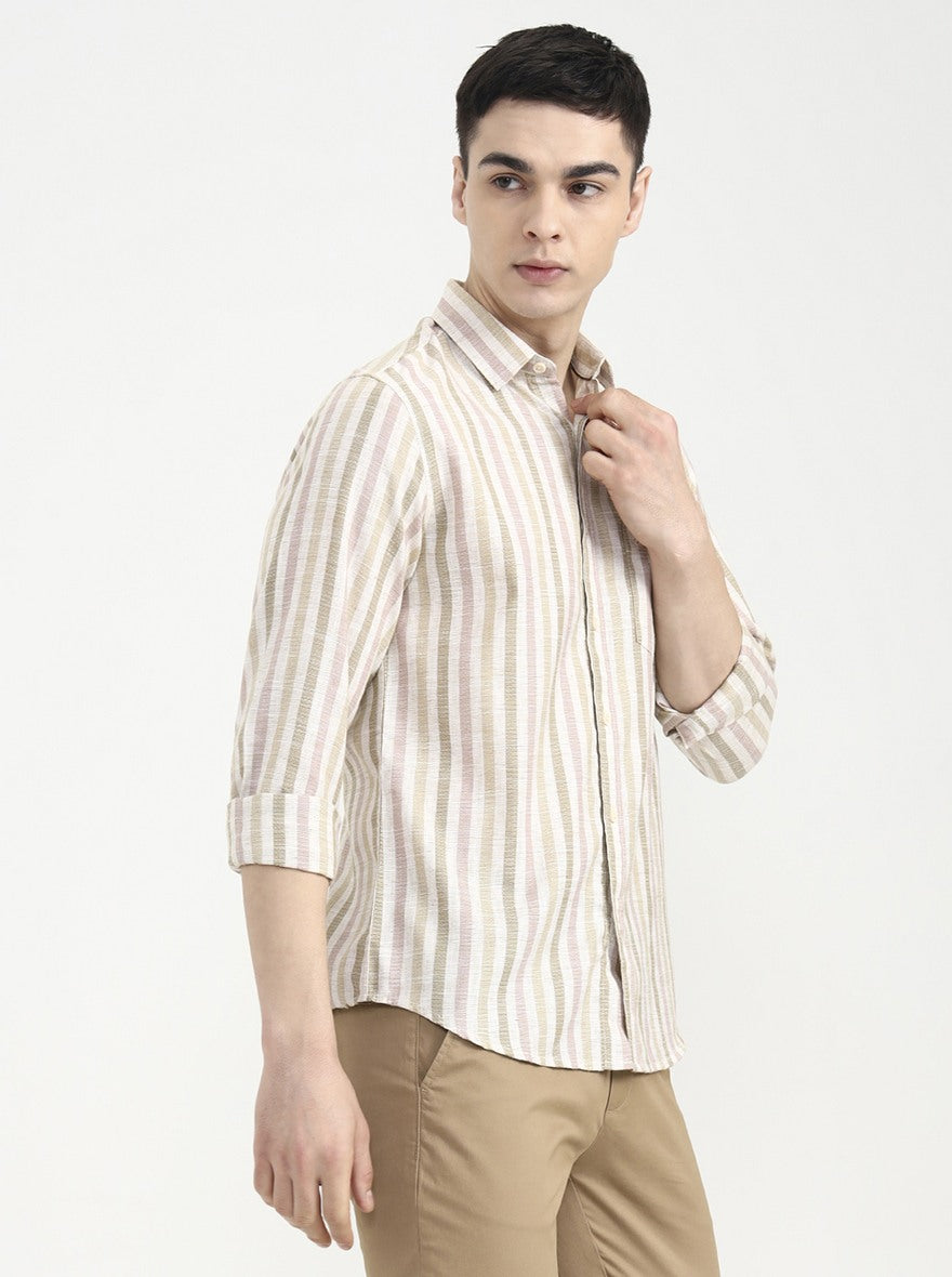 Pink Striped Slim Fit Casual Shirt | Greenfibre