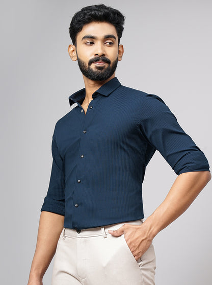 Navy Blue Solid Slim Fit Party Wear Shirt | Wyre