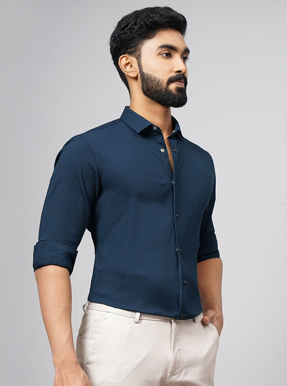 Navy Blue Solid Slim Fit Party Wear Shirt | Wyre
