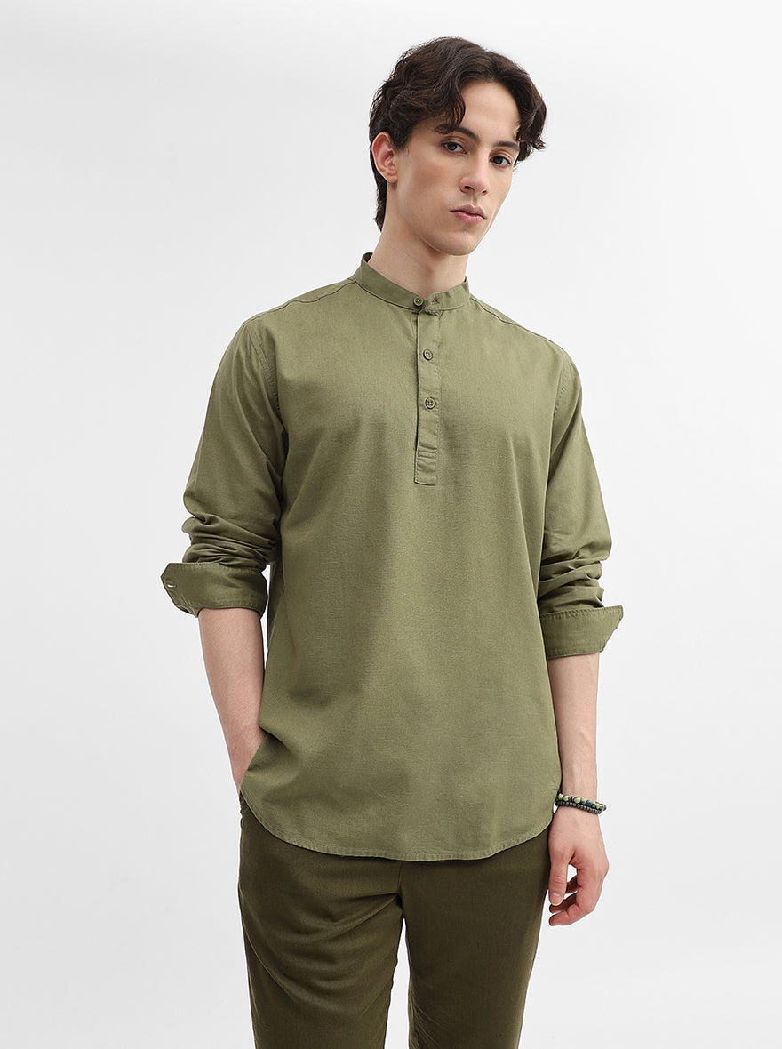 Green Solid Slim Fit Short Kurta | Greenfibre