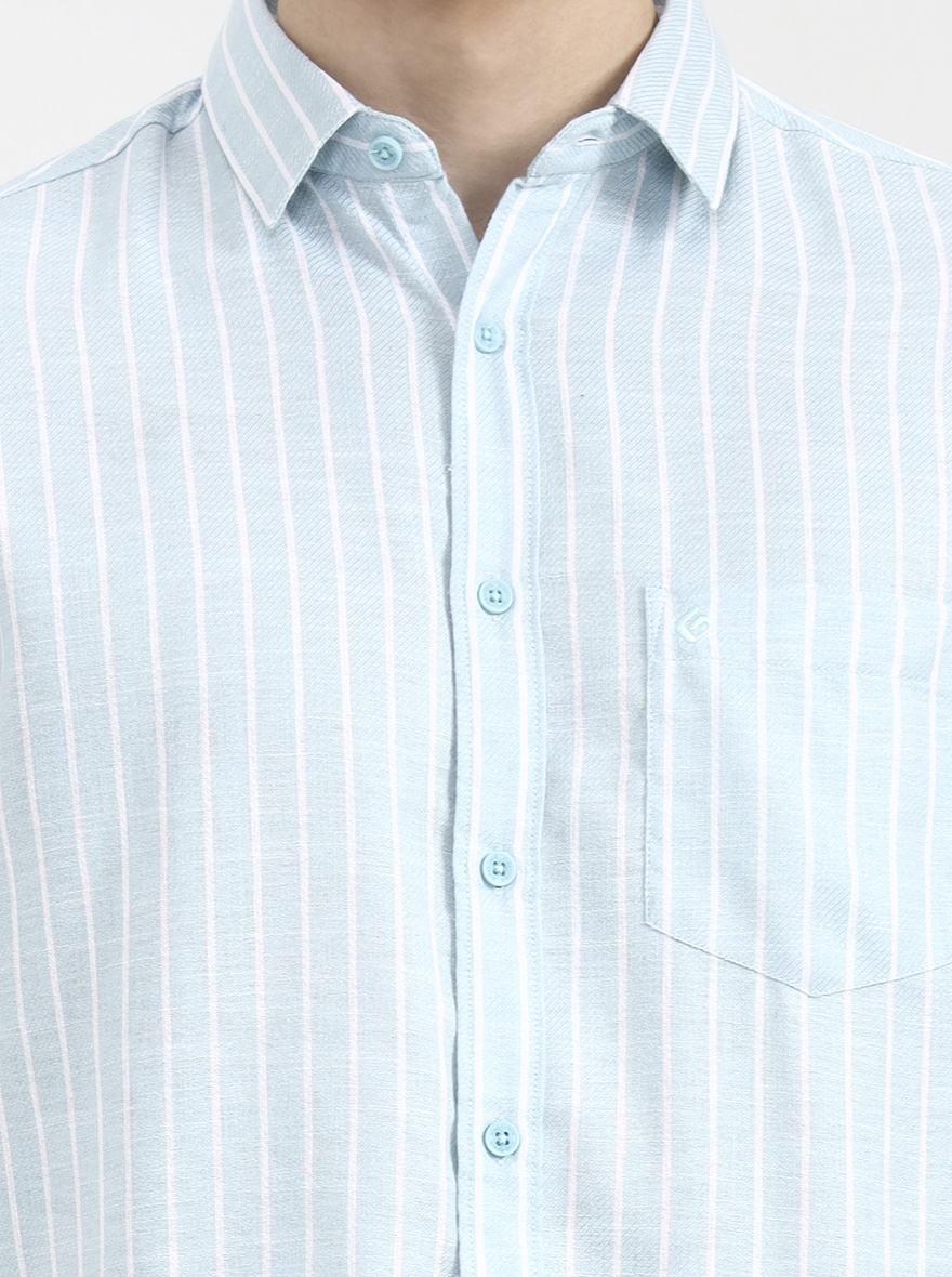 Aqua Blue Striped Slim Fit Casual Shirt | Greenfibre