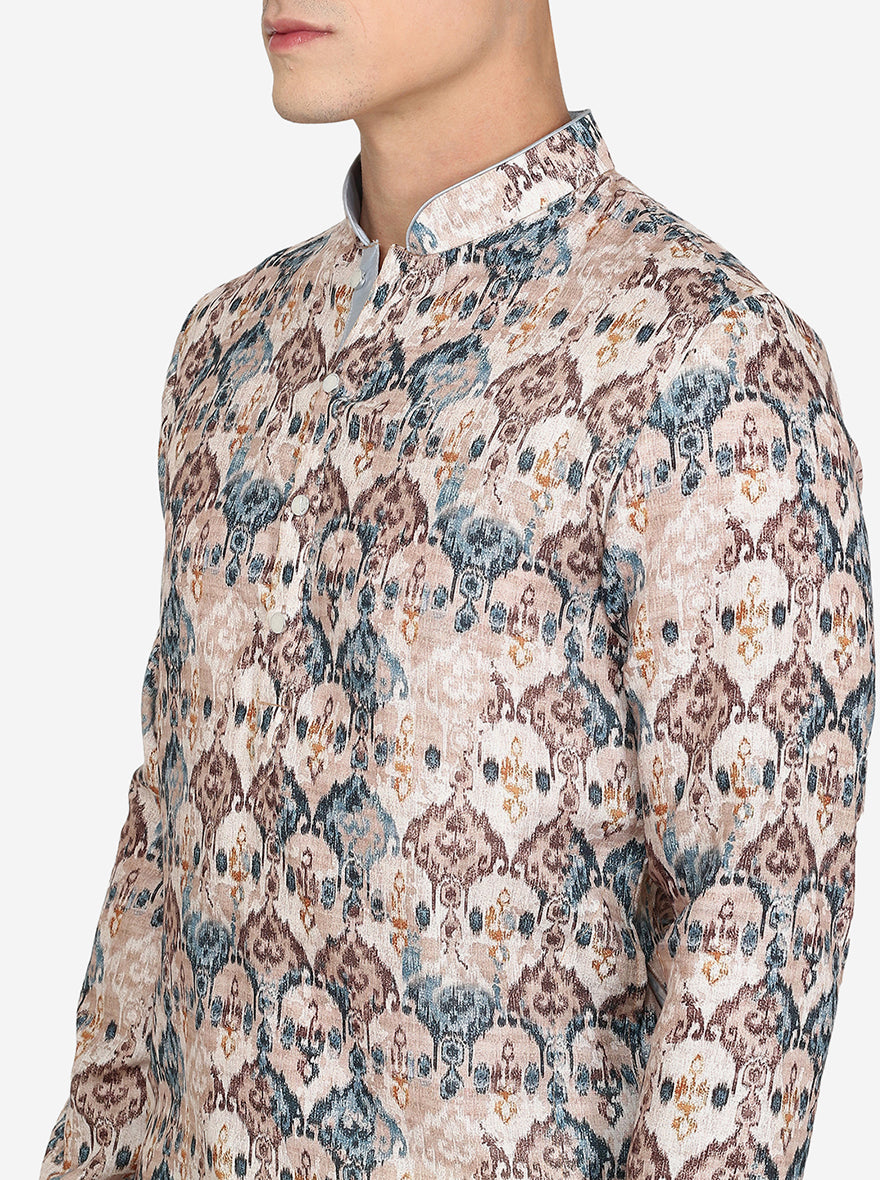 Multi Beige Printed Cotton Blend Kurta | The Kurta Company