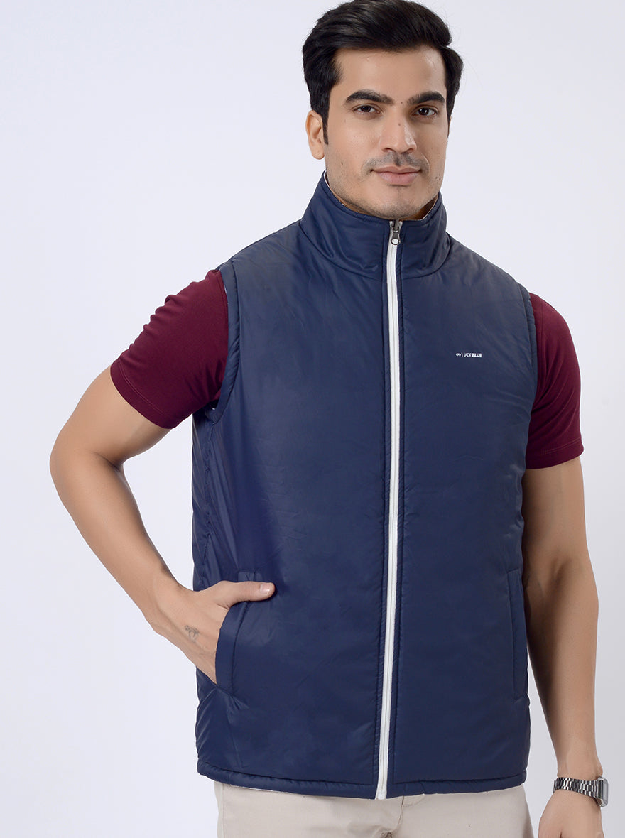 White & Navy Blue Solid Regular Fit Winter Jacket | JadeBlue