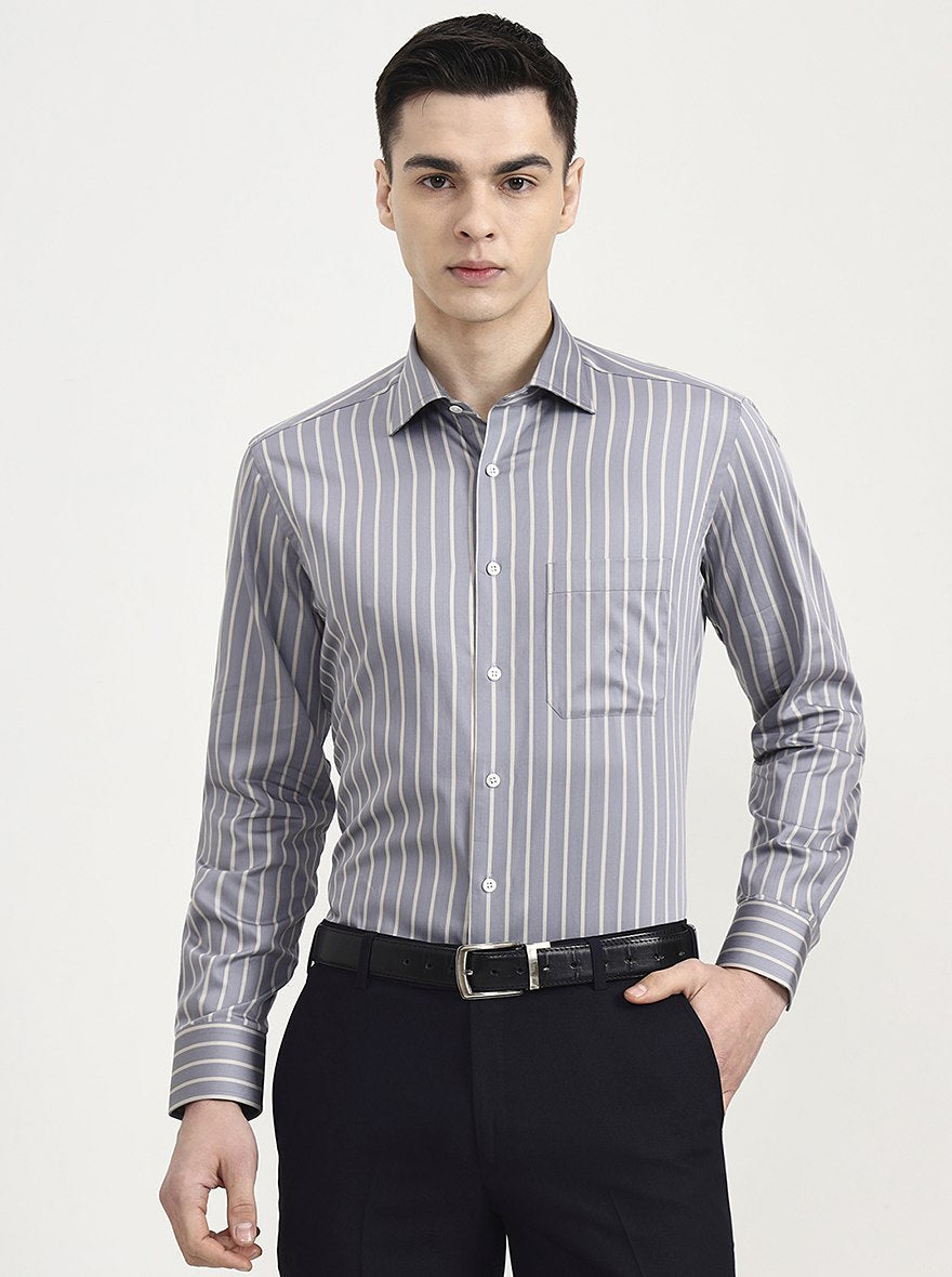 Grey Striped Slim Fit Formal Shirt | JadeBlue Super Luxe