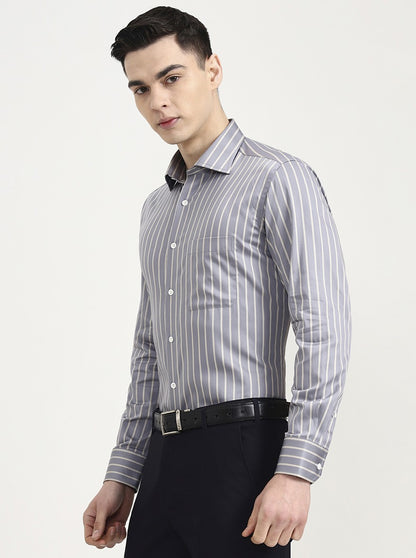 Grey Striped Slim Fit Formal Shirt | JadeBlue Super Luxe