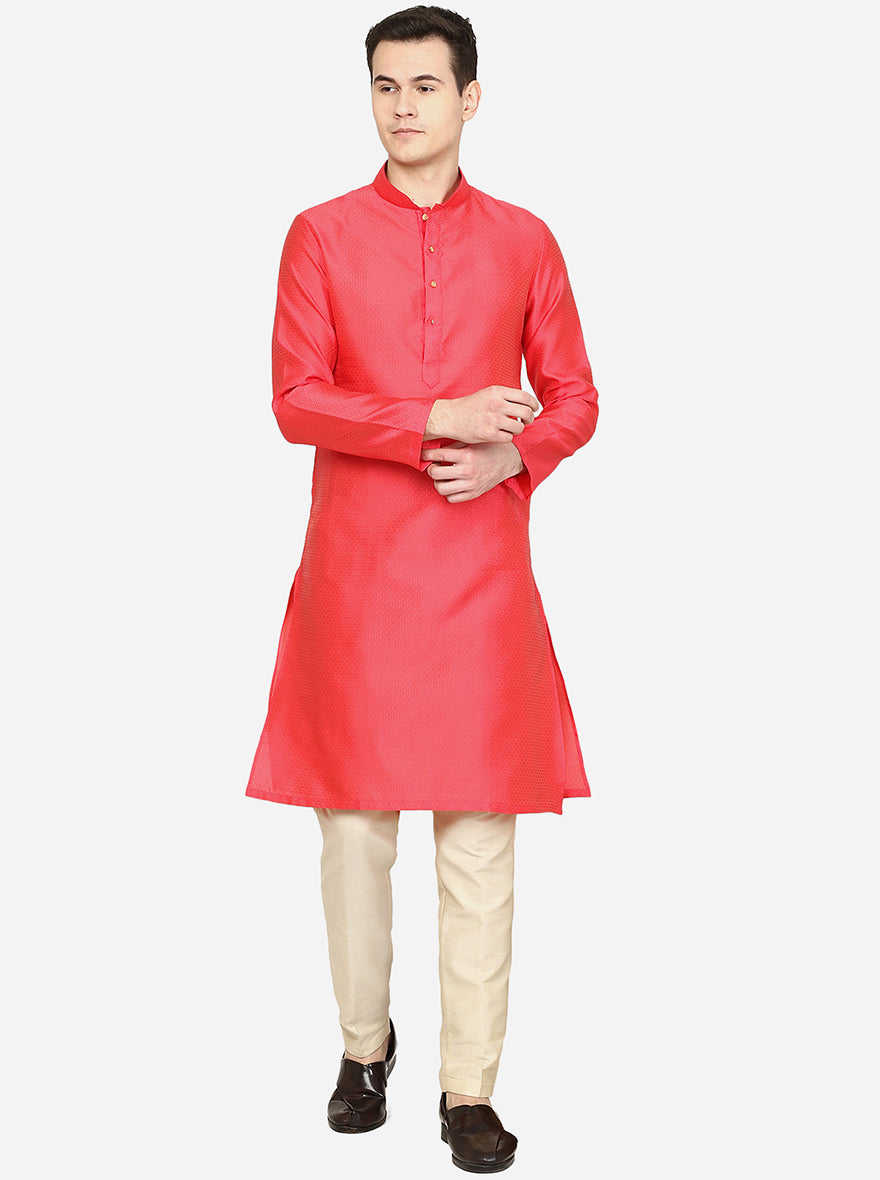 Carrot Red Texture Printed Silk Blend Kurta | The Kurta Company