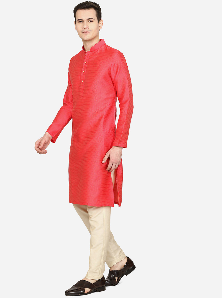 Carrot Red Texture Printed Silk Blend Kurta | The Kurta Company