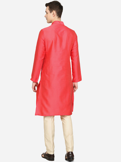 Carrot Red Texture Printed Silk Blend Kurta | The Kurta Company